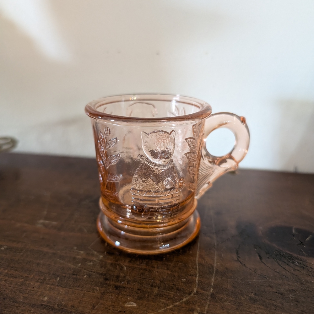 Vintage Mosser Pink Glass Child's Mug Cat On Nest Dog On Drum Design Depression